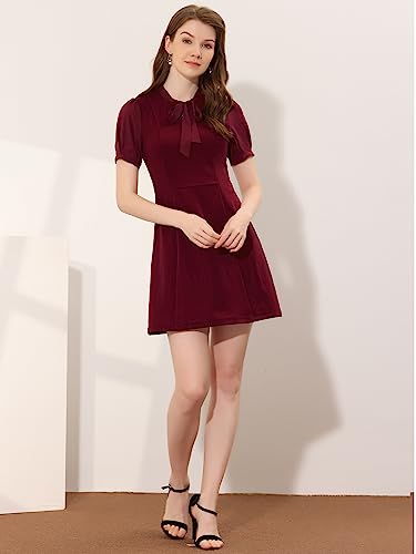 Tie Neck Puff Short Sleeve Office Work Dress F89524