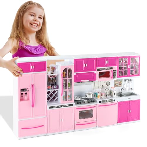64 PCS Pink Kitchen Toys with Lights Sounds Doll Playset E410646