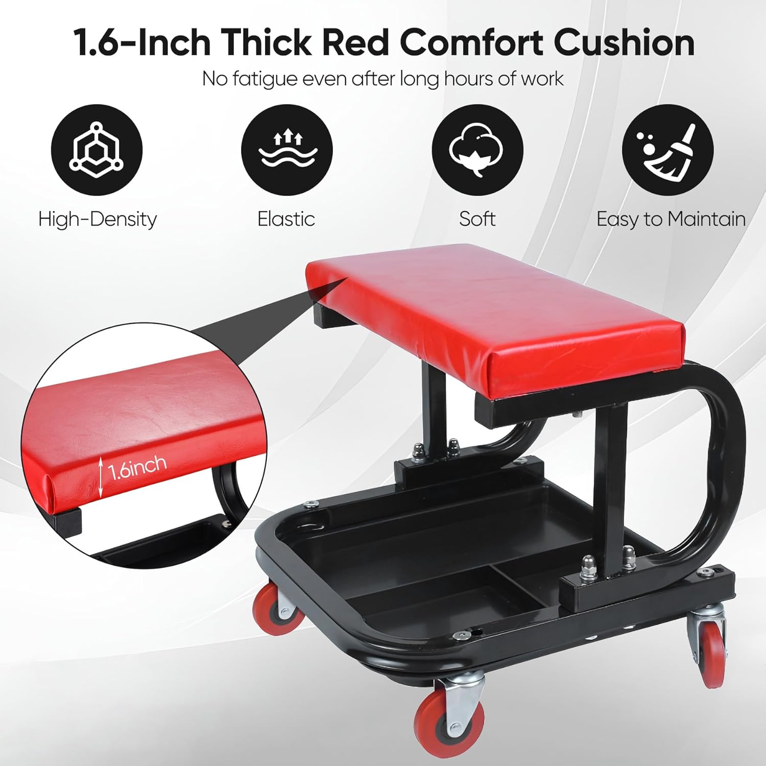 Black/Red Heavy Duty Garage Roller Seat with Tool Tray, 250 LBS Capacity N29587