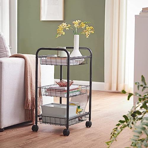 Black 3-Tier Metal Rolling Cart with Baskets and Lockable Handles K867