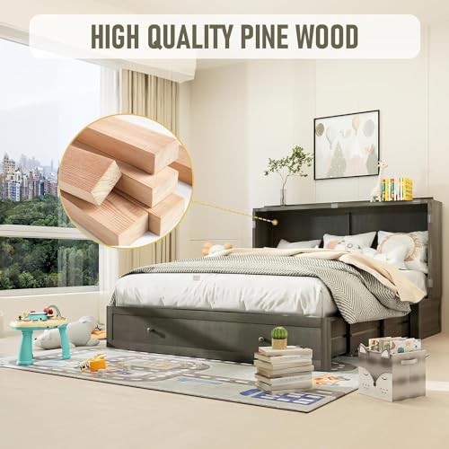 Grey Queen Size Murphy Bed with Storage Drawer S9524