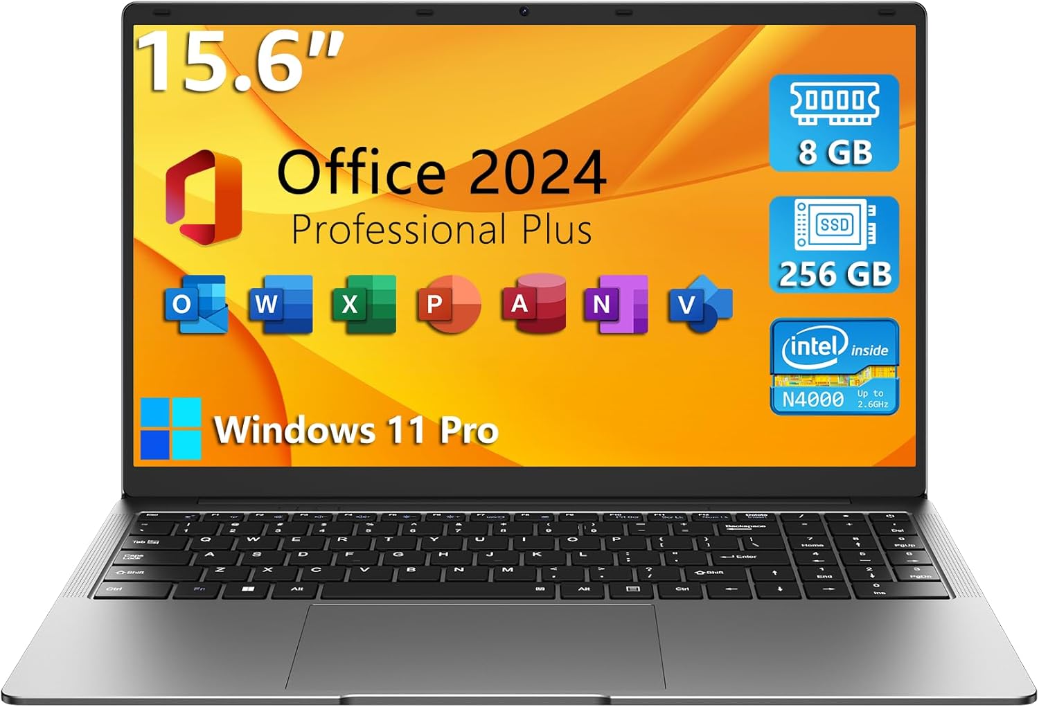 15.6" Windows 11 Pro Laptop, 8GB RAM 256GB Storage, Intel Celeron N4000, Silver P4092