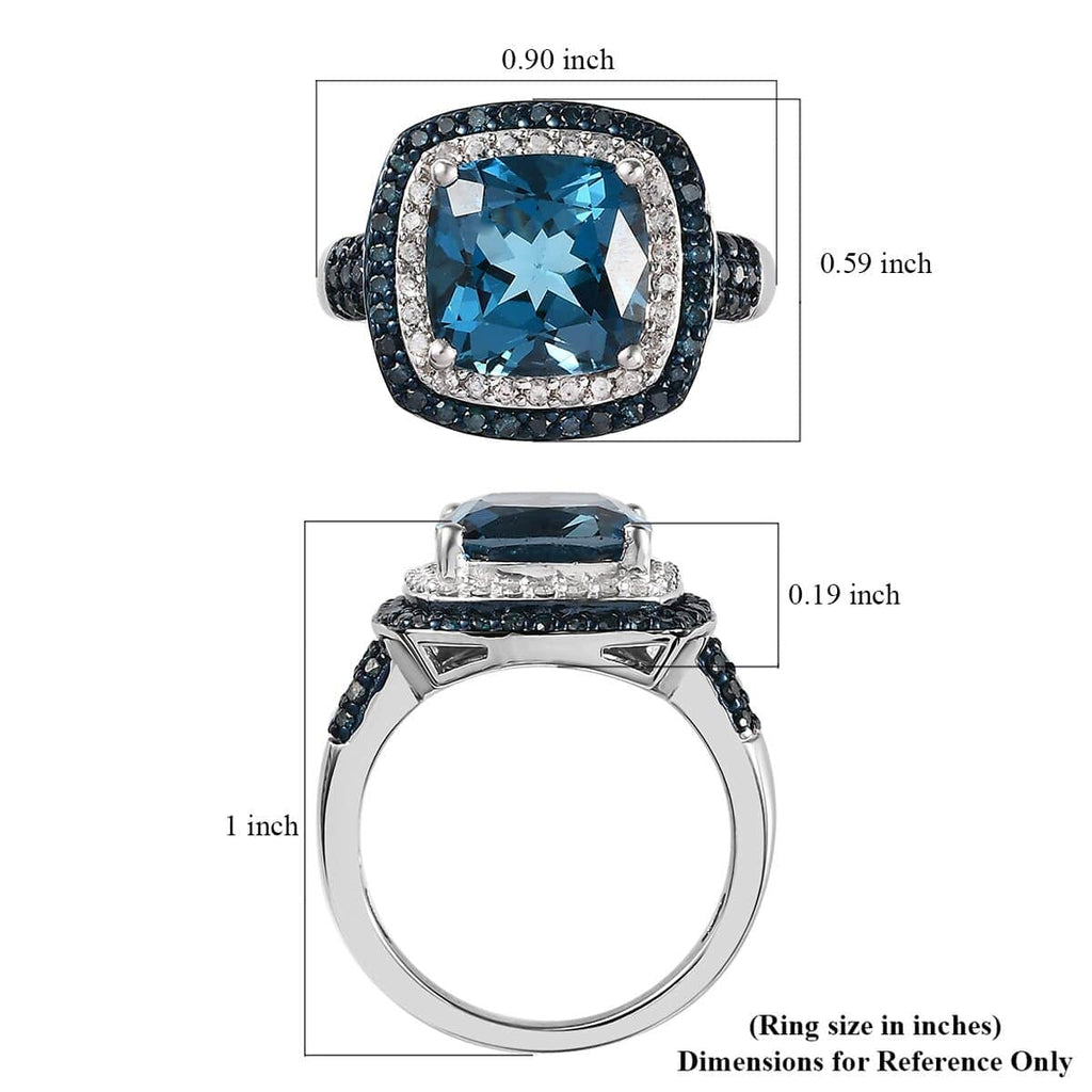 Blue Topaz Blue Diamond Cushion 925 Sterling Silver Platinum Plated Cocktail Ring Size 9 K746