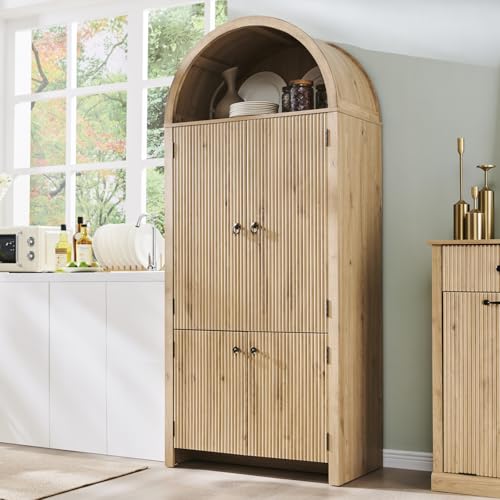 Natural Fluted Wood Storage Cabinet with Doors, 3 Adjustable Shelves, 6 Door Shelves O8039