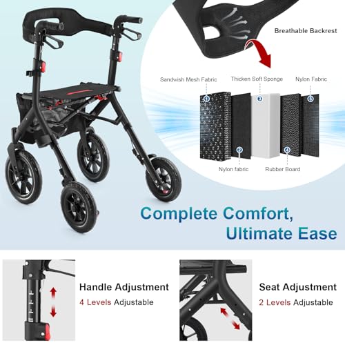 Red 12" Big Rubber Wheels Rollator Walker with Seat T73182