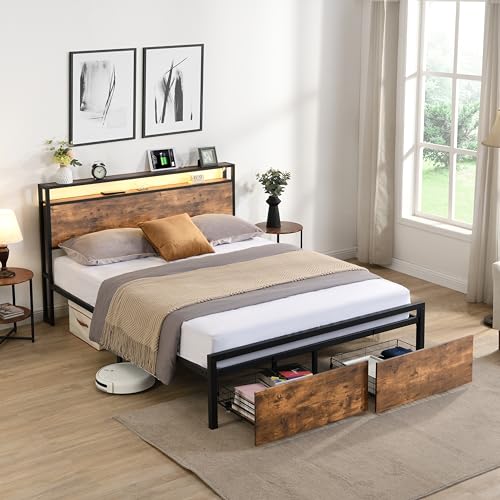 Black Queen Storage Headboard with 2 Drawers Platform Bed D205
