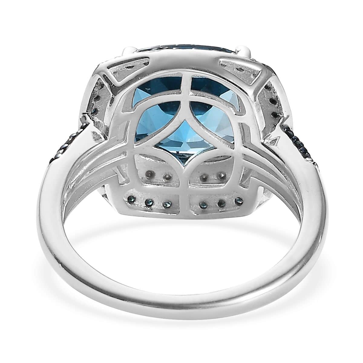Blue Topaz Blue Diamond Cushion 925 Sterling Silver Platinum Plated Cocktail Ring Size 9 K746