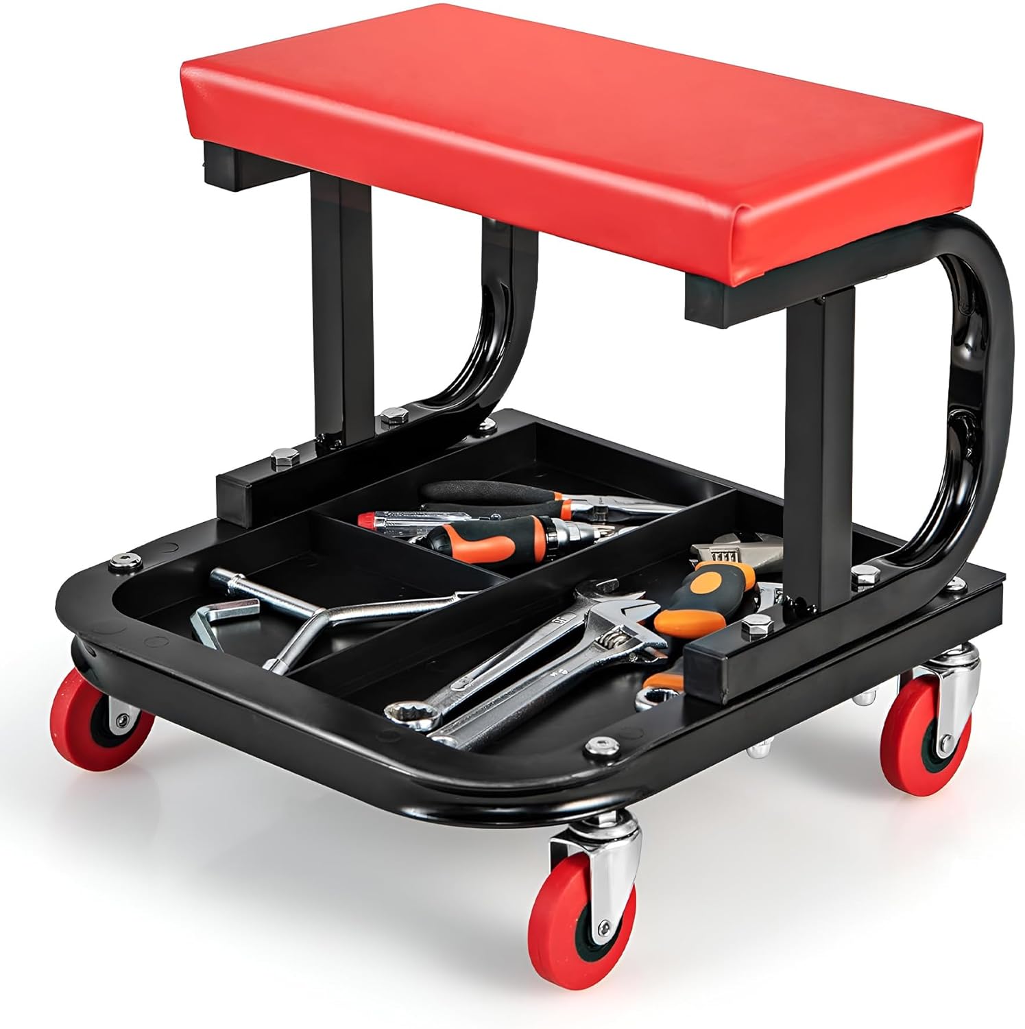 Black/Red Heavy Duty Garage Roller Seat with Tool Tray, 250 LBS Capacity N29587