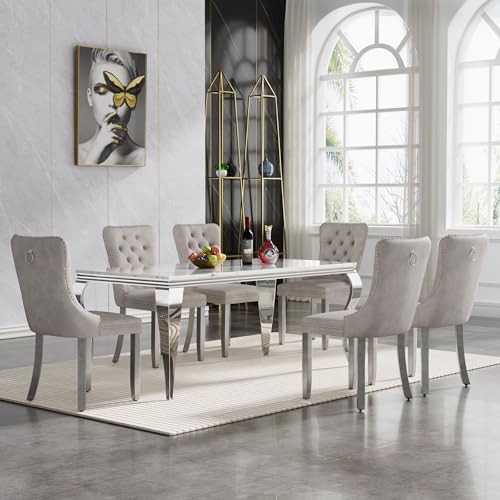 White Marble Dining Table Set for 6 with 6 Grey Velvet Chairs E784
