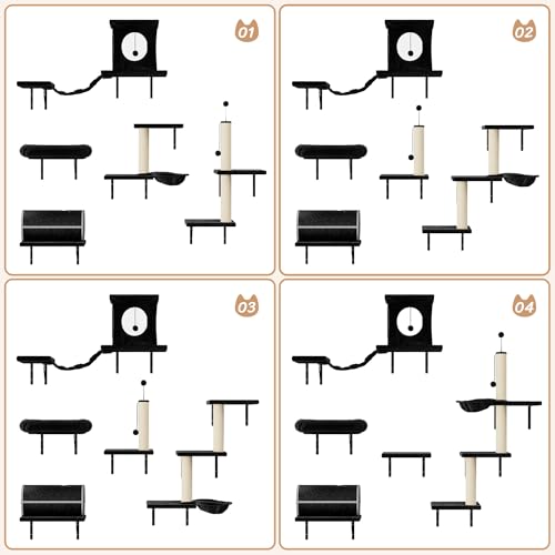 7-in-1 Wall Mounted Cat Climber Set with Cat House, Tunnel, Bridge, Tree, Steps, Scratcher Board and Hammock (Grey) S15306