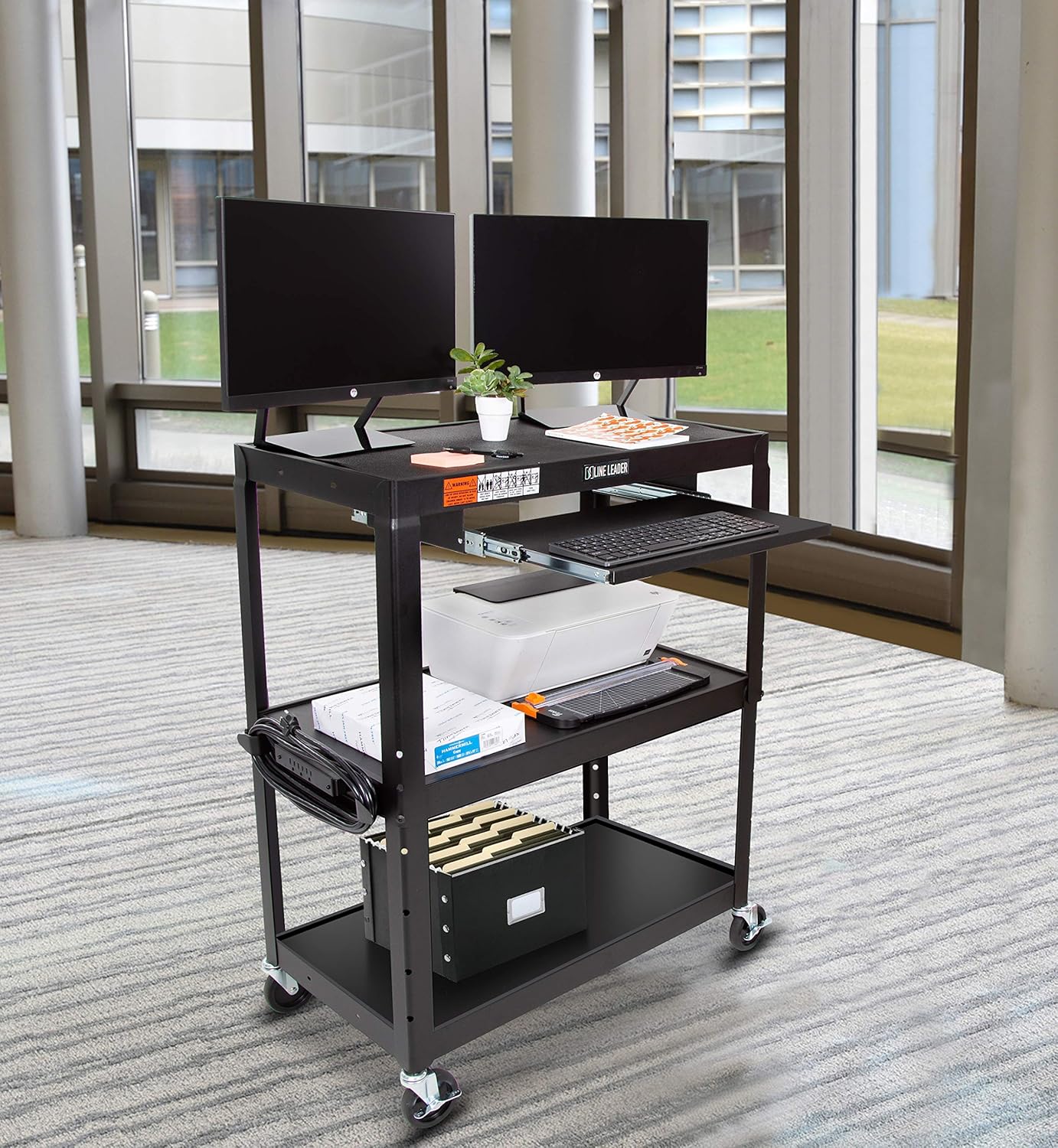 Large AV Cart with Retractable Keyboard Tray Height Adjustable Utility Cart Black 34in x 18in x 42in F128211