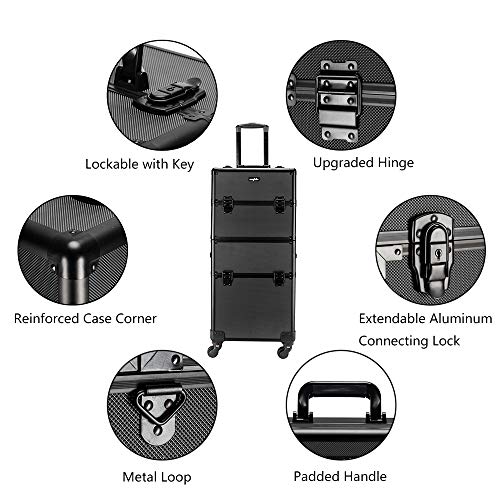 2 in 1 Rolling Makeup Train Case, Travel Makeup Organizer Cosmetic Display Case, Aluminum Cosmetology Supply Suitcase on Wheels, Beauty Storage Luggage Lockable w/4 Removable Wheels (Black) M599