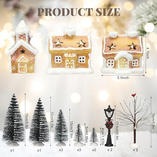 17pcs LED Christmas Gingerbread Village Sets 3 Ceramic Gingerbread Houses 2 Birch Trees 10 Pine Trees 2 Streetlight Christmas Figurines Q822