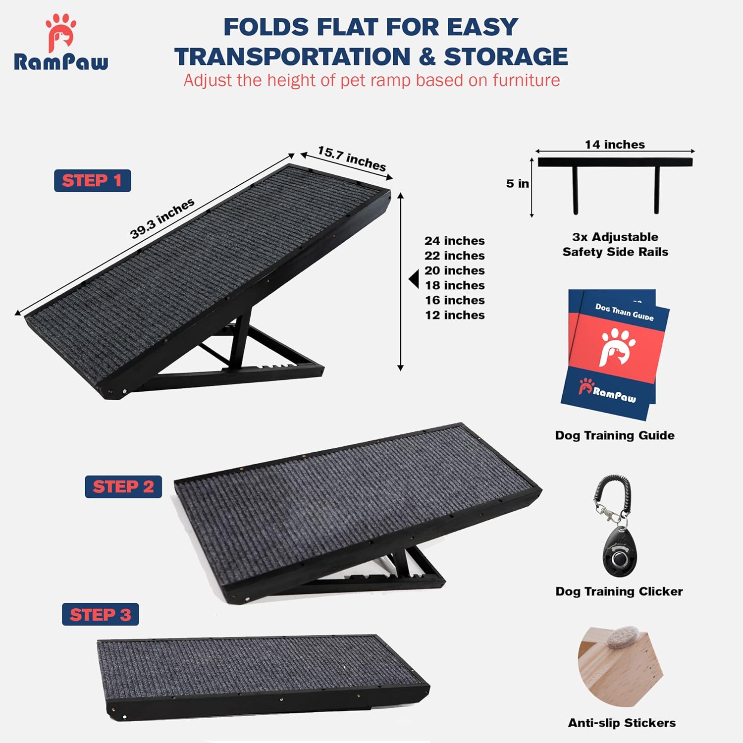 Adjustable Pet Ramp with Non Slip Traction Mat, Safety Side Rails, Black, Pack of 2 R555457