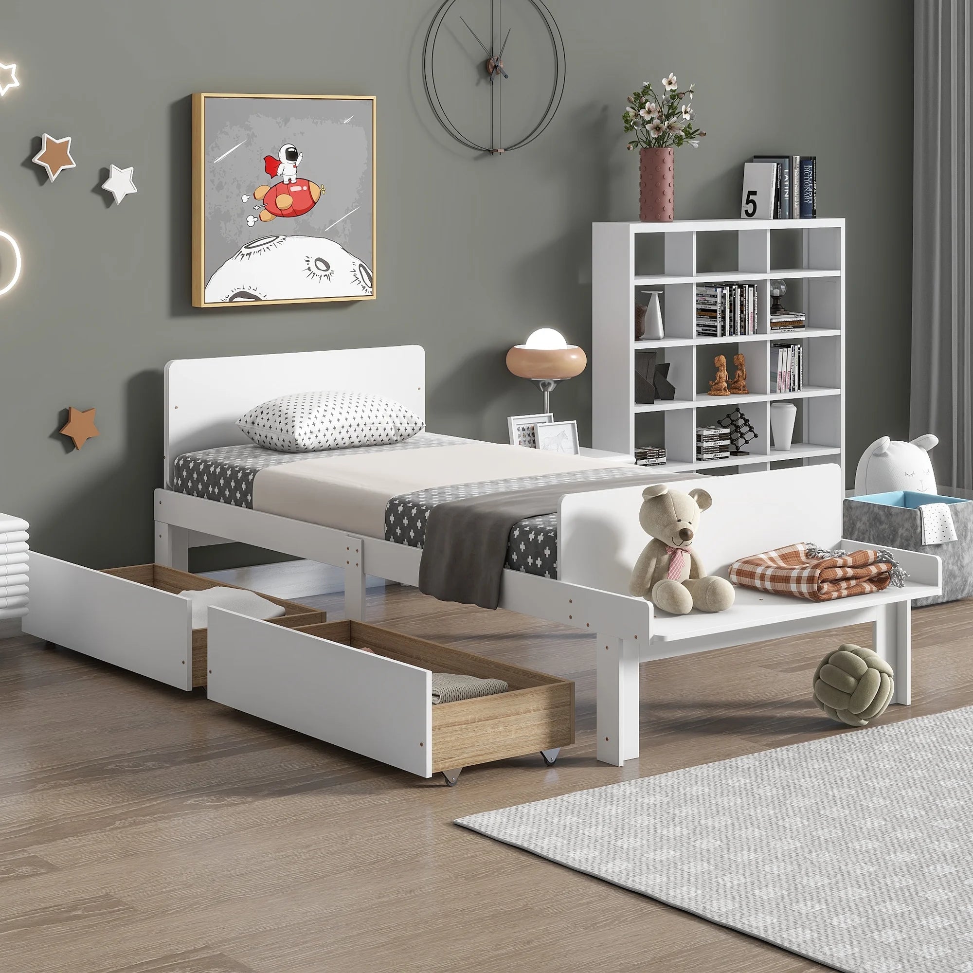 White Twin Size Wood Platform Bed Frame with Headboard and Footboard and 2 Storage Drawers X4446