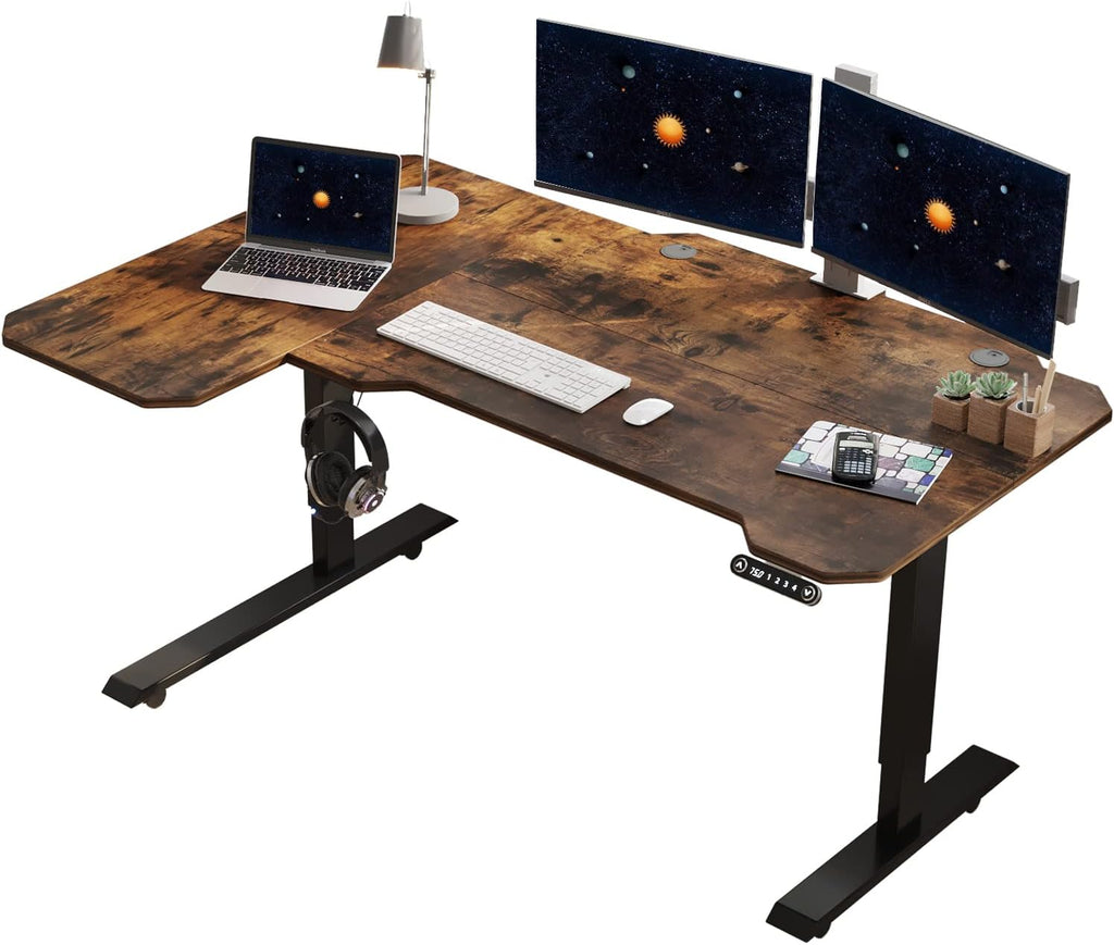 L Shaped Electric Height Adjustable Standing Desk with Black Frame & Rustic Brown Top K498