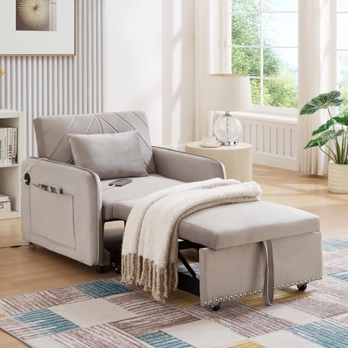 Black Velvet Convertible Sofa Bed Chair with USB Ports S47089