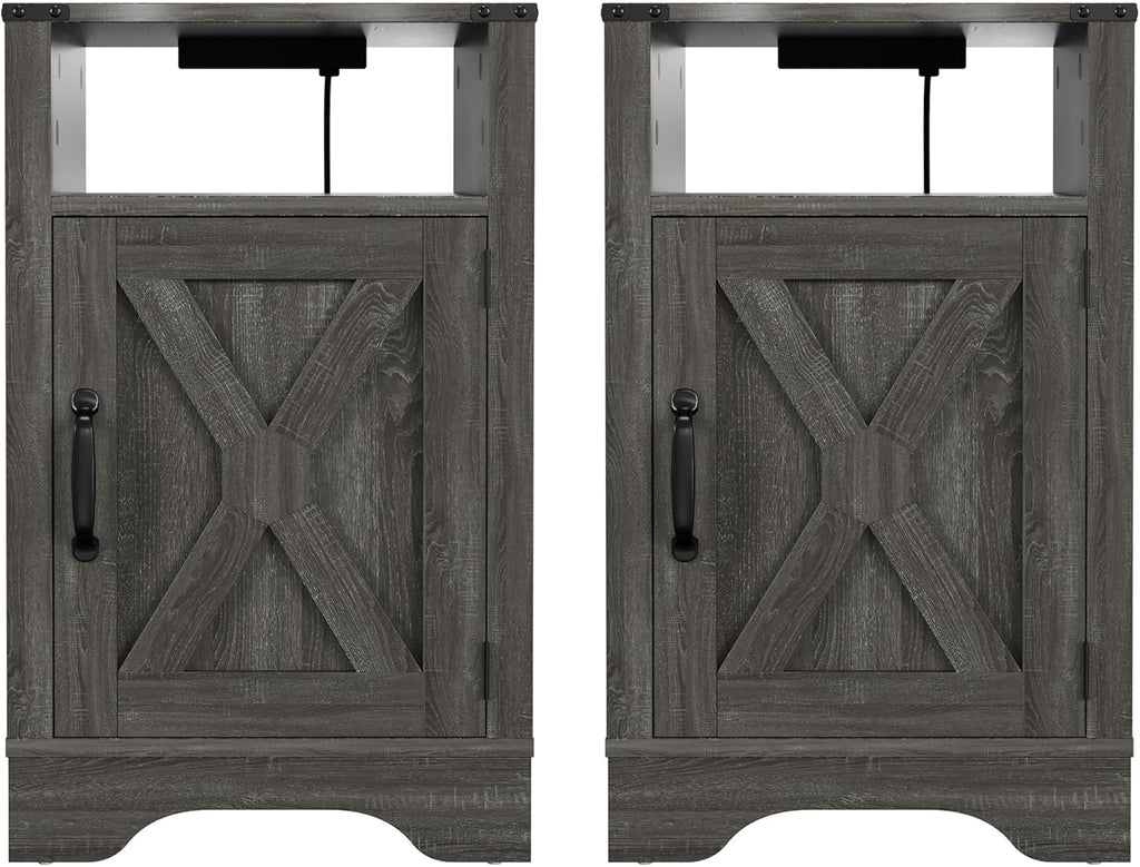 Dark Gray Wooden Nightstand with Electrical Outlets Charging Station (2 Sets) G86069