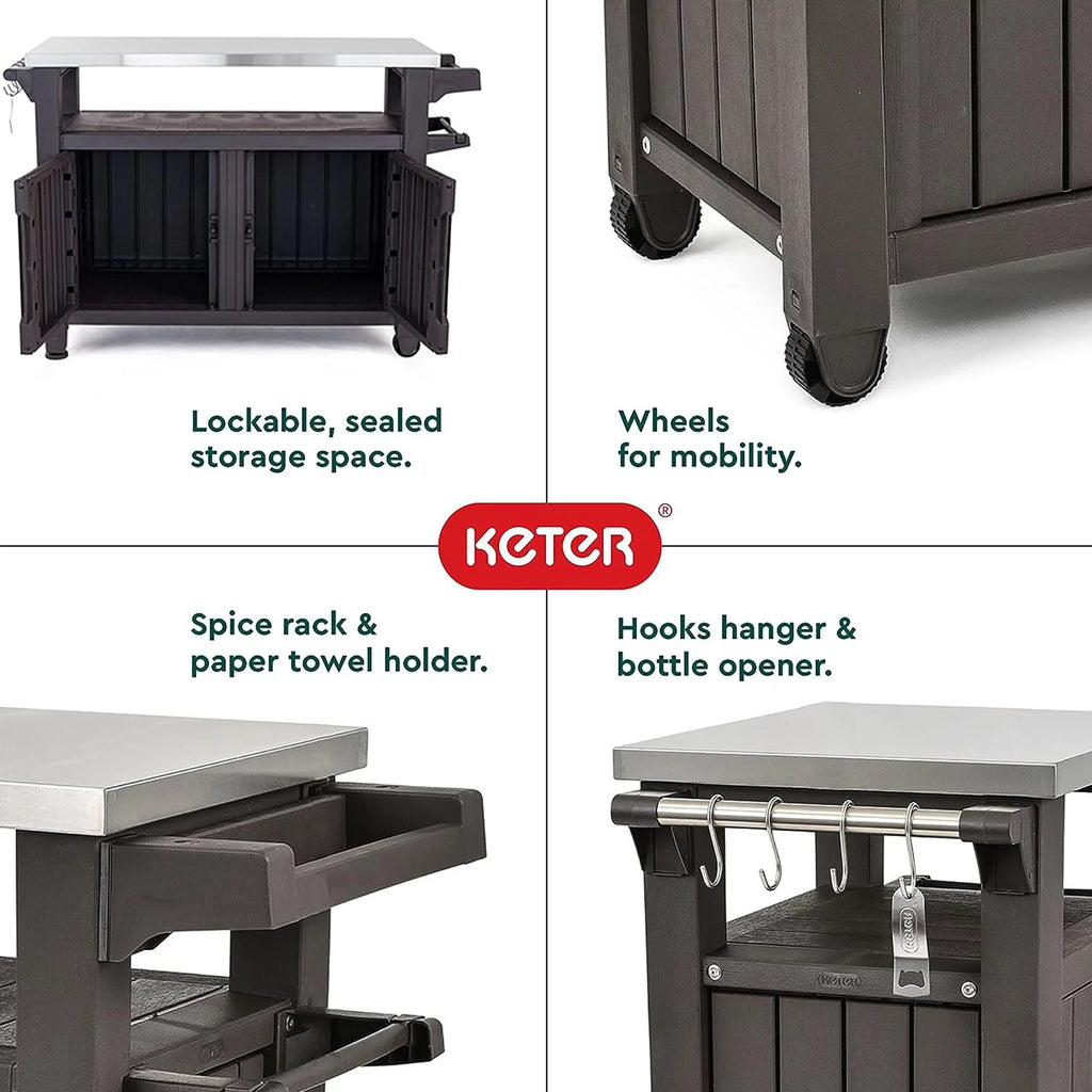 Brown Outdoor Kitchen Bar Rolling Cart with Storage Cabinet A2980