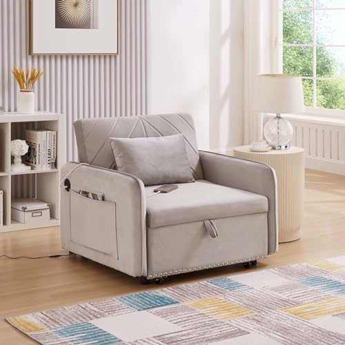 Black Velvet Convertible Sofa Bed Chair with USB Ports S47089