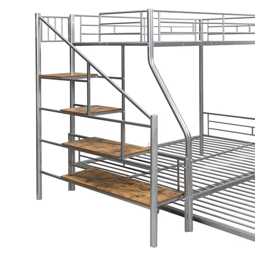 Silver Metal Twin Over Full Bunk Bed with Trundle and Stairs A1578