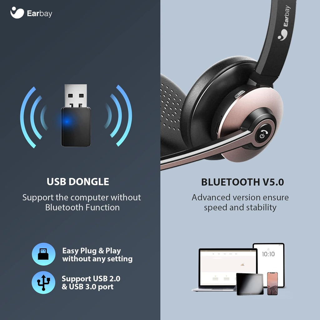 Wireless Bluetooth 5.0 On-Ear Headset with Microphone and USB Dongle, Pack of 2 J7408