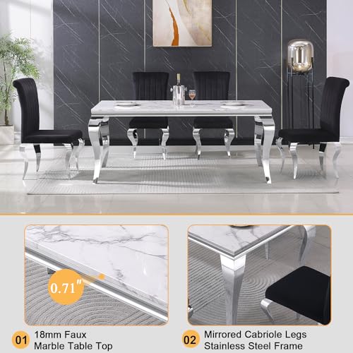 White Marble Dining Table Set for 6 with 6 Grey Velvet Chairs E784