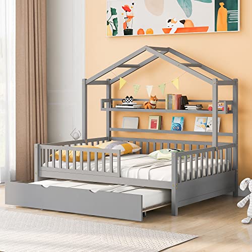 Pink Full Size Wooden House Bed with 2 Drawers A779