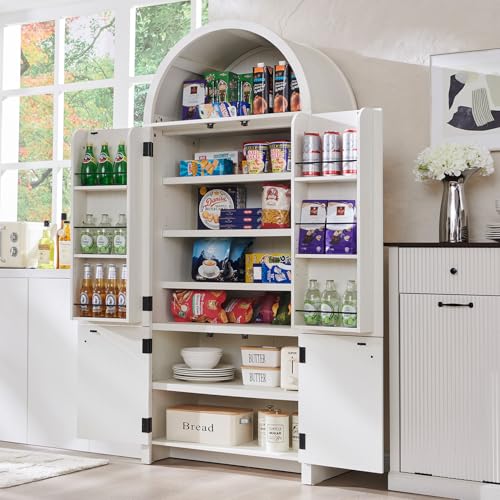 Natural Fluted Wood Storage Cabinet with Doors, 3 Adjustable Shelves, 6 Door Shelves O8039