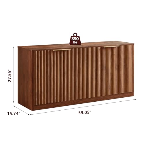 67" Fluted Oak Buffet Cabinet Sideboard with Storage, Large Credenza with 6 Doors E41086