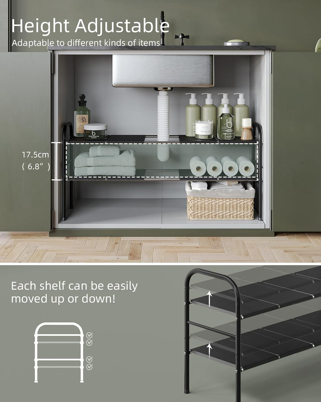 2 Tier Expandable Under Sink Organizer Shelf with 8 Removable Panels B84507