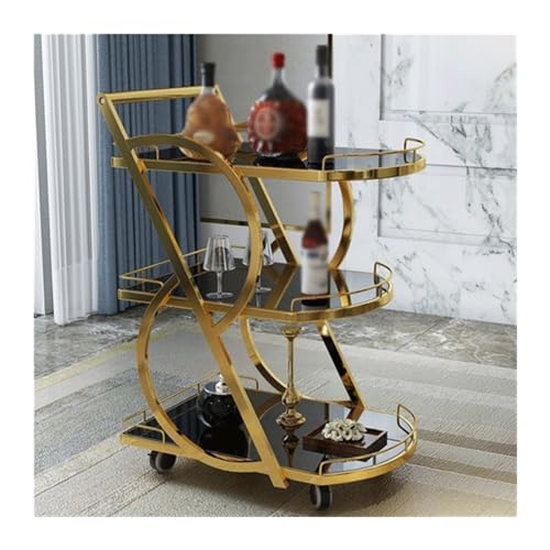 3 Tiers Rolling Bar Cart with Marble Glass and Metal Frame Gold Q4282