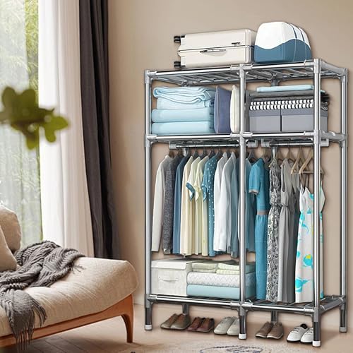 Metal Wardrobe Closet with 2 Hanging Rods, Storage Shelves (43.3 x 17.7 x 67 Inches) L9096