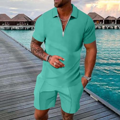 Solid Color Zip Up Short Sleeve Tshirts Shorts Sets S146