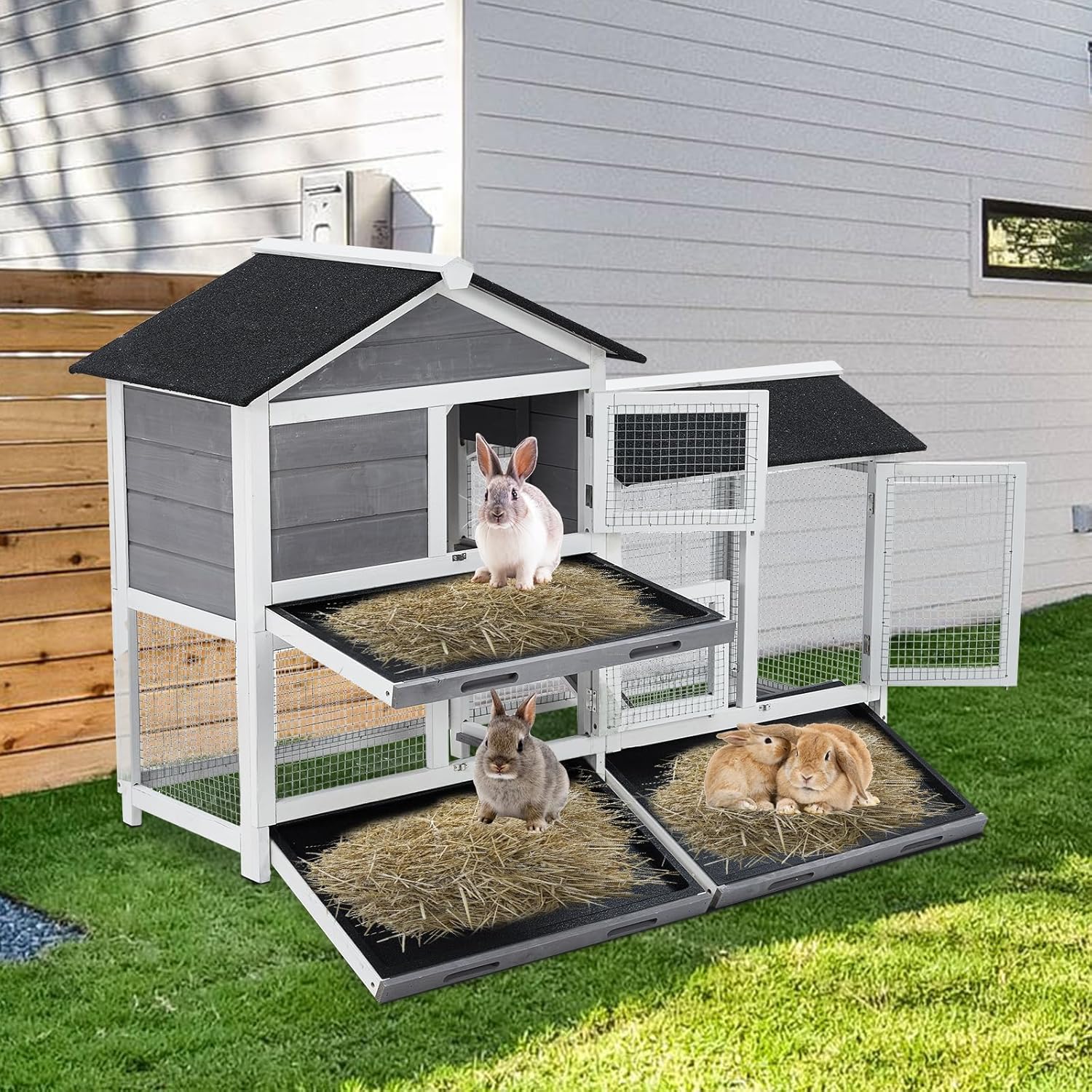 62" Wooden Waterproof Bunny Hutch Rabbit Cage Guinea Pig Coop with Stairs and Cleaning Tray X410