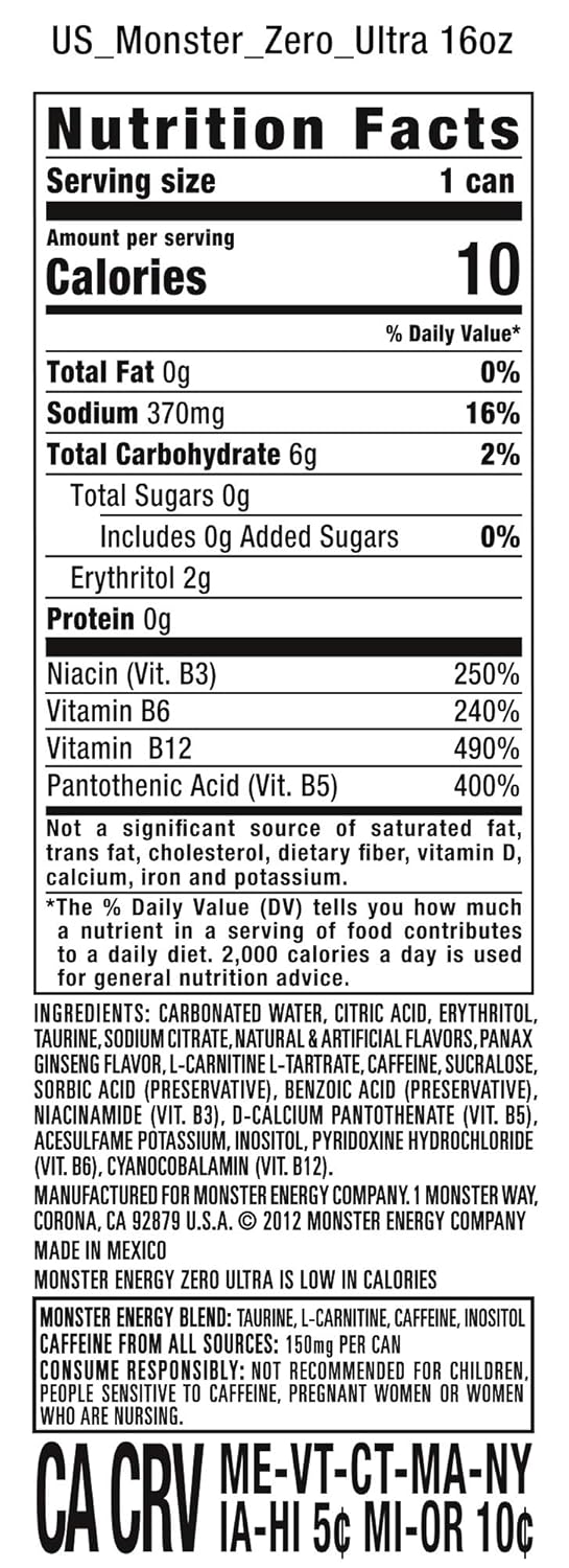 16 Fl Oz Cans 12 Pack Zero Ultra Energy Drink A4998