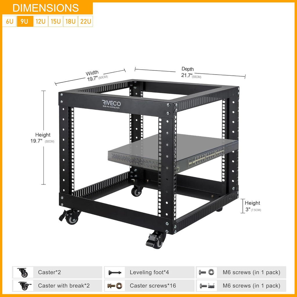 9U Open Frame Server Rack with Casters Black Q82983