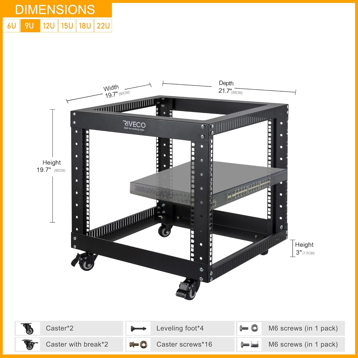 9U Open Frame Server Rack with Casters Black Q82983
