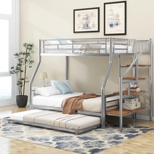 Silver Metal Twin Over Full Bunk Bed with Trundle and Stairs A1578