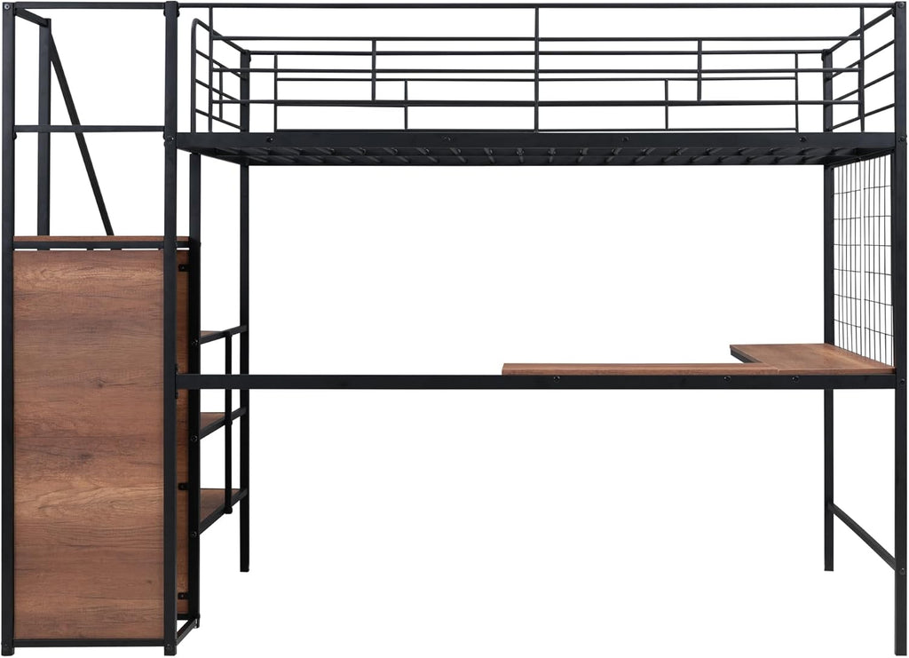 Black Full Size Loft Bed with Desk and Storage Stairs and Wardrobe F54504
