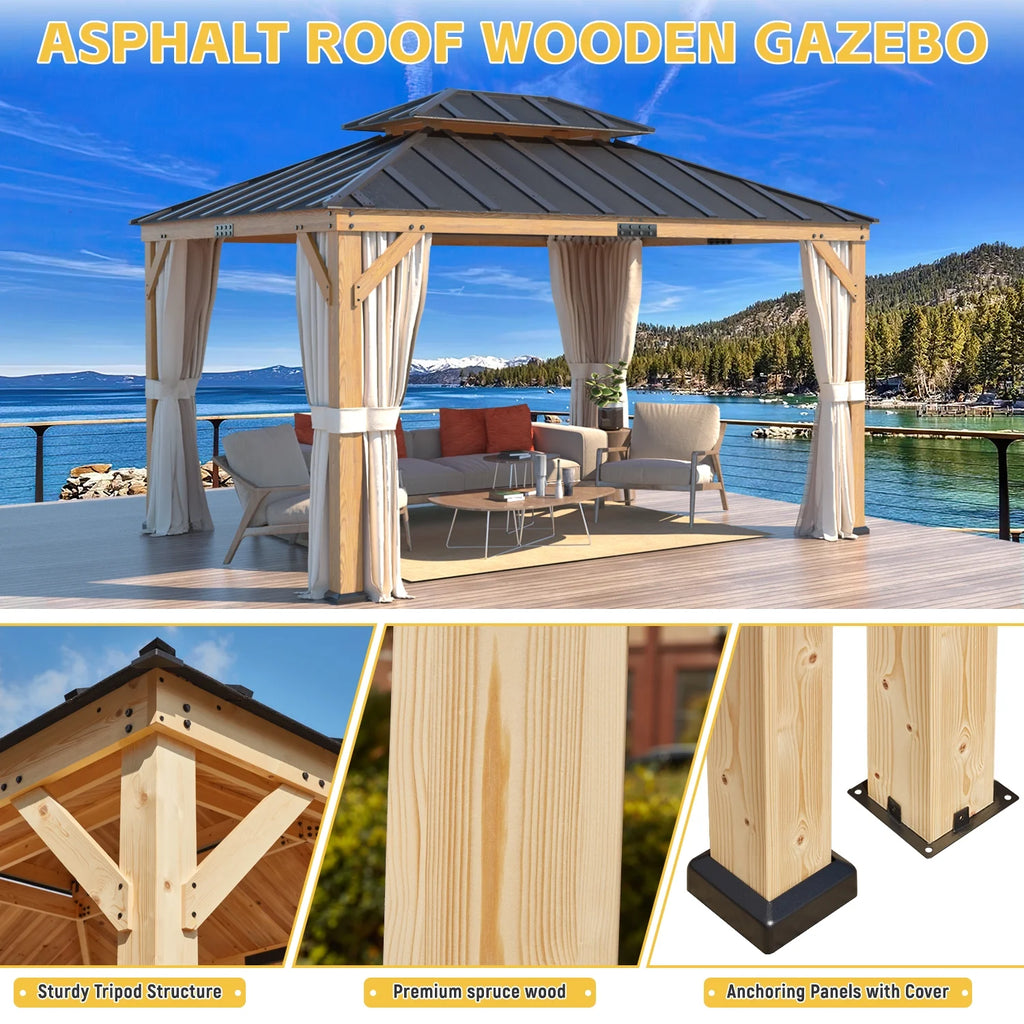 11' x 13' Hardtop Gazebo with Curtains and Meshes A4288