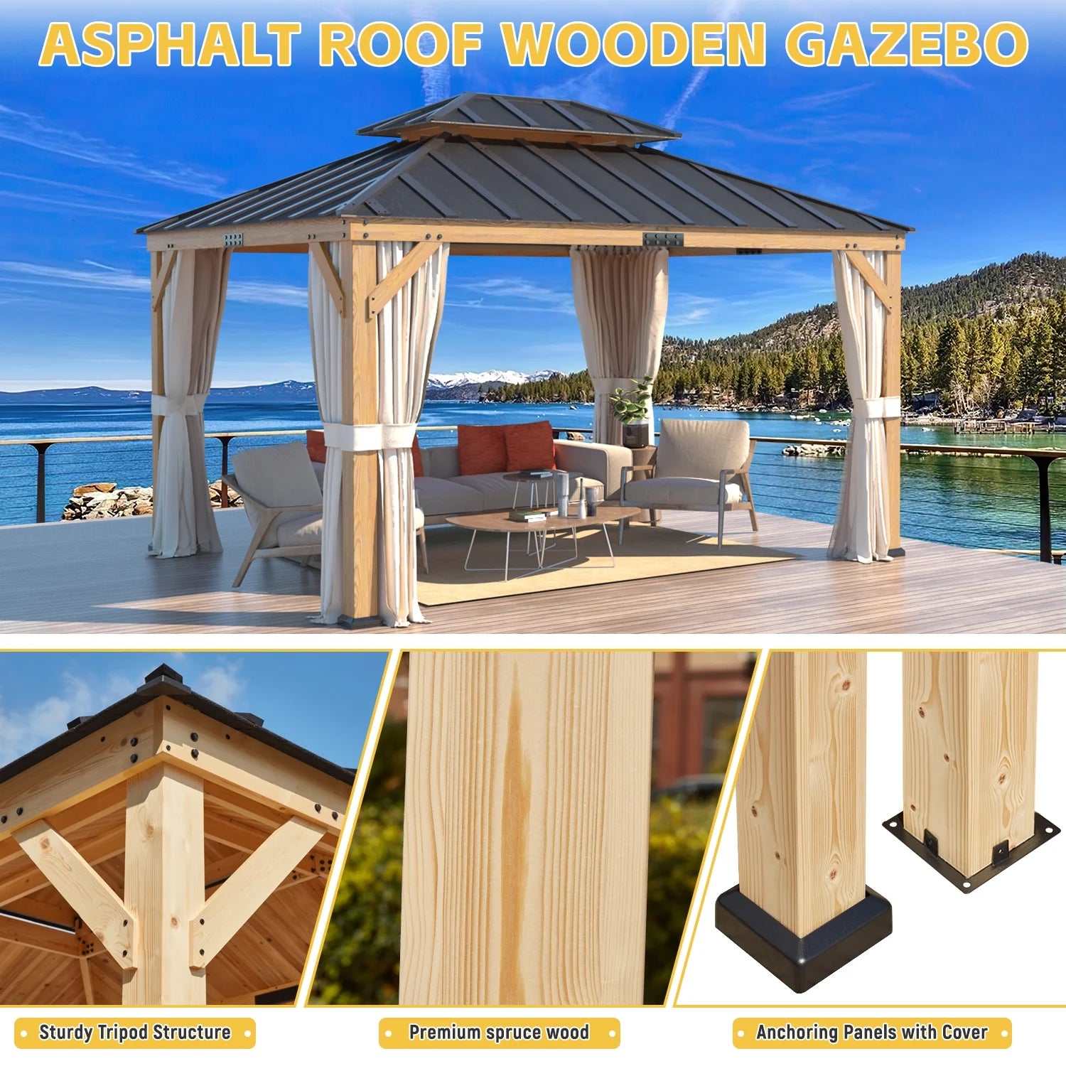11' x 13' Hardtop Gazebo with Curtains and Meshes A4288