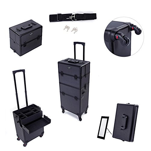 2 in 1 Rolling Makeup Train Case, Travel Makeup Organizer Cosmetic Display Case, Aluminum Cosmetology Supply Suitcase on Wheels, Beauty Storage Luggage Lockable w/4 Removable Wheels (Black) M599