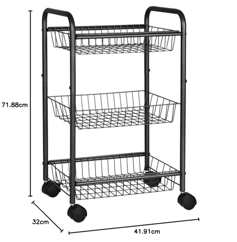 Black 3-Tier Metal Rolling Cart with Baskets and Lockable Handles K867