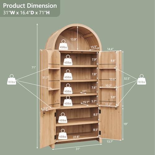 Natural Fluted Wood Storage Cabinet with Doors, 3 Adjustable Shelves, 6 Door Shelves O8039