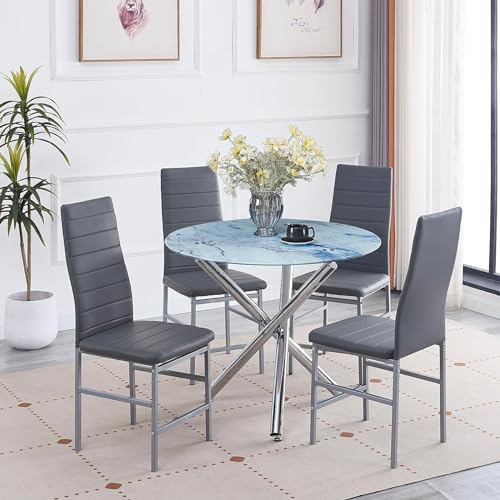 5 Pieces Round Glass Dining Table Set with 4 PU Chairs H47136