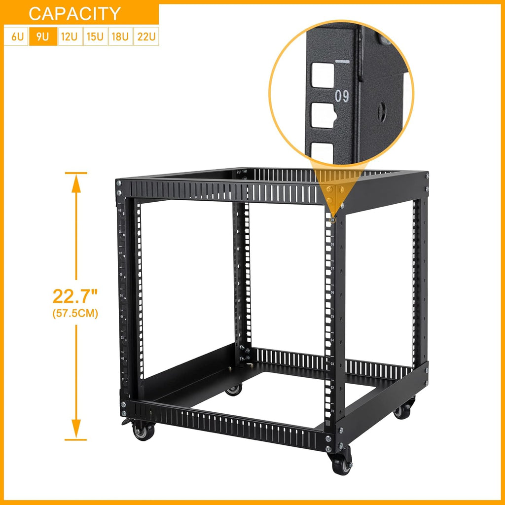 9U Open Frame Server Rack with Casters Black Q82983