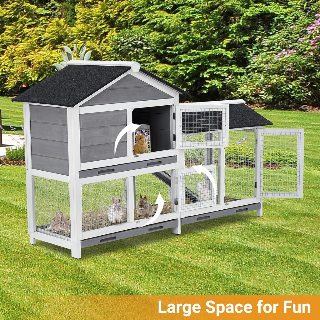 62" Wooden Waterproof Bunny Hutch Rabbit Cage Guinea Pig Coop with Stairs and Cleaning Tray X410