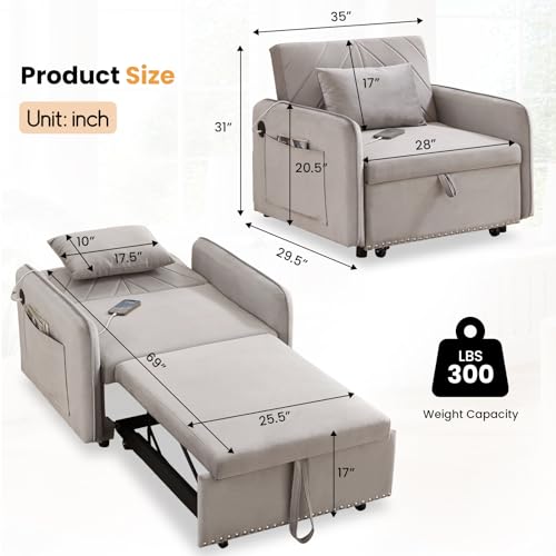 Black Velvet Convertible Sofa Bed Chair with USB Ports S47089
