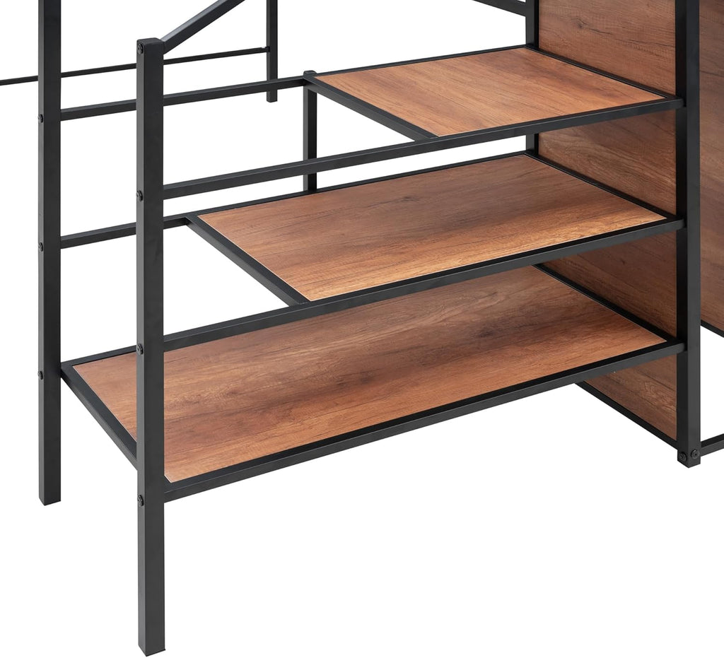 Black Full Size Loft Bed with Desk and Storage Stairs and Wardrobe F54504